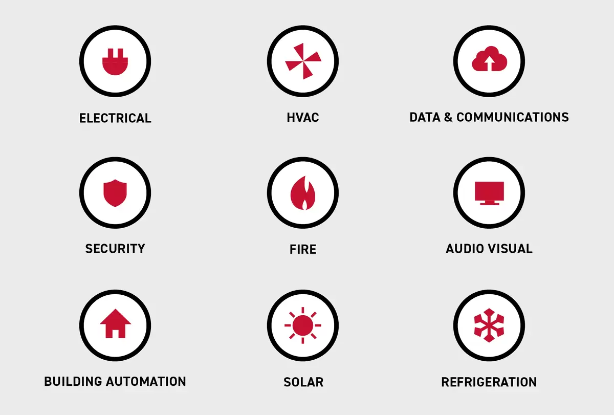 Electrical, HVAC, Data & Communications, Security, Fire, Audio Visual, Building Automation, Solar, Refrigeration.